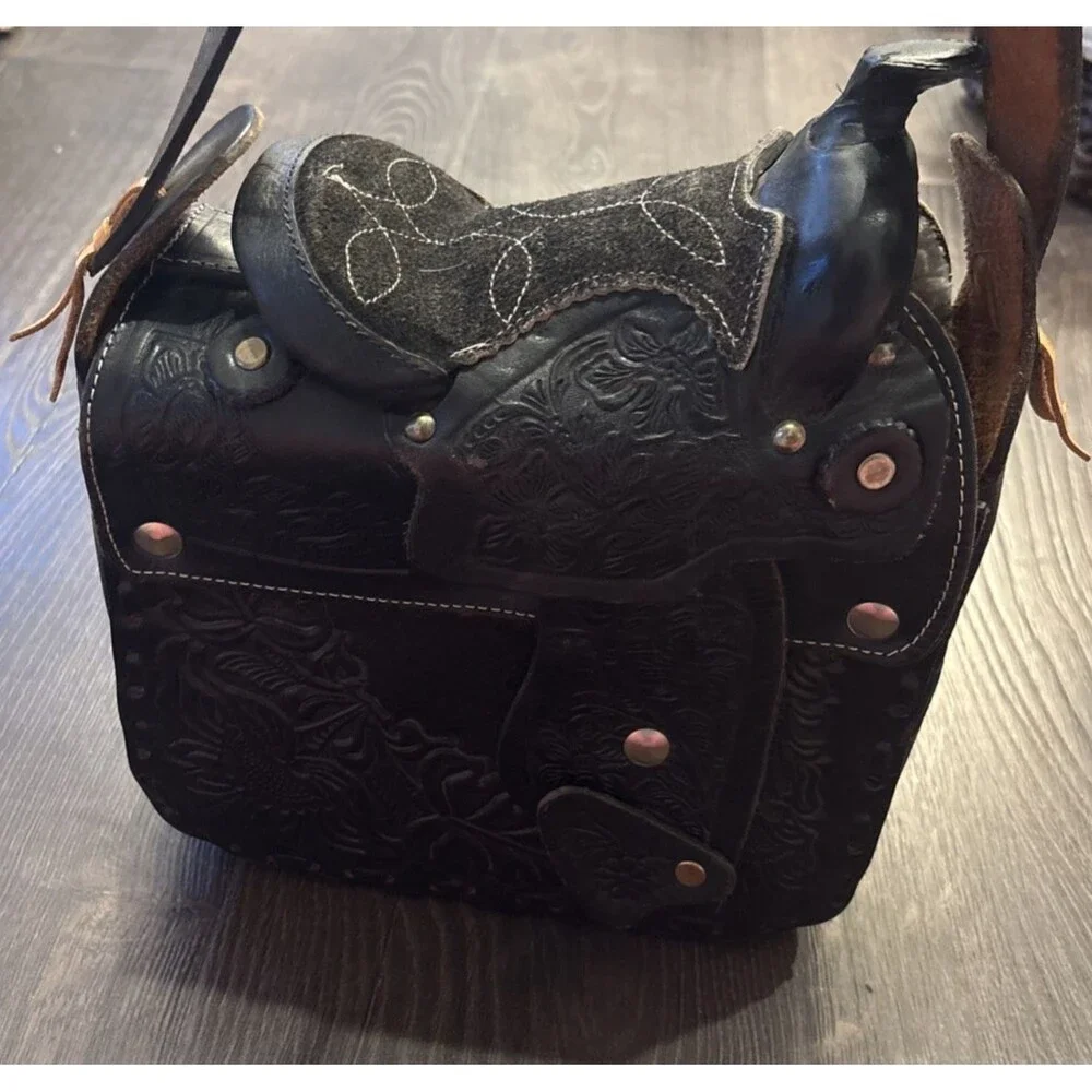 VTG Saddle Shearling Shoulder Bag Hand Crafted Tooled Leather